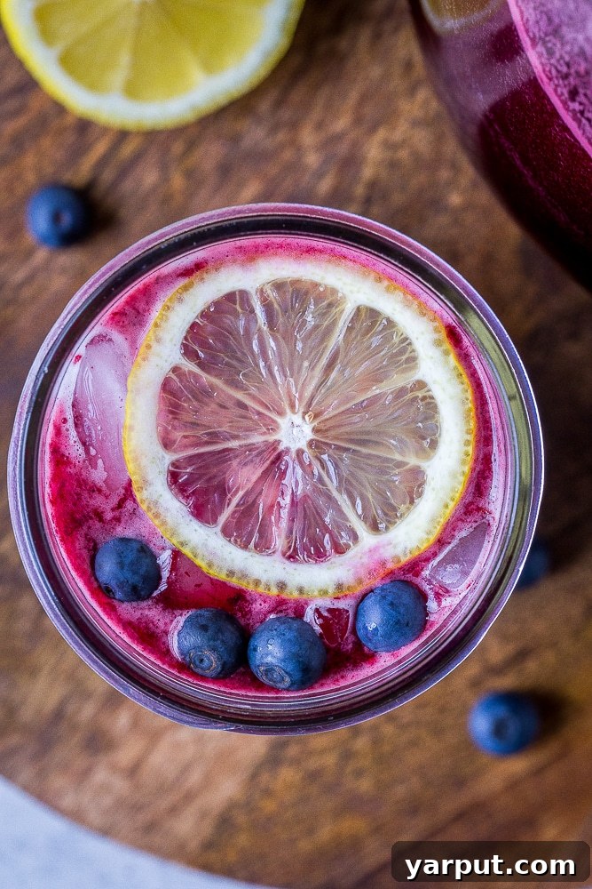 A beautifully arranged flat lay photo featuring a pitcher of homemade blueberry lemonade, individual glasses filled with the drink, fresh lemons, and scattered fresh blueberries, perfect for a summer gathering or photoshoot.