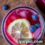 Homemade Blueberry Lemonade with fresh blueberries and lemon garnishes.