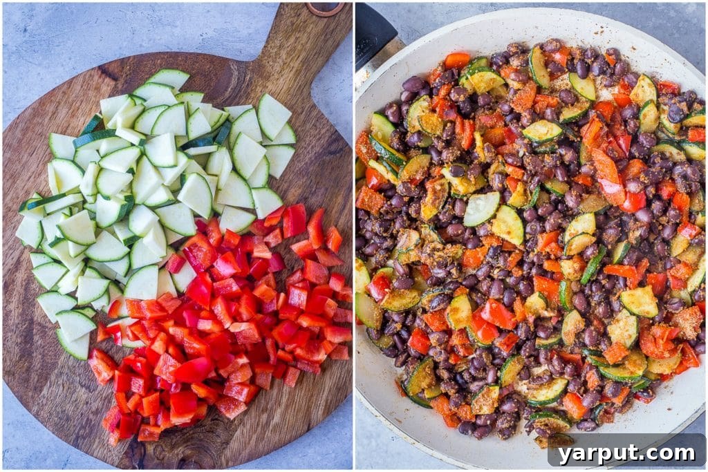 Vibrant Vegan Taco Power Bowls 3 Visual comparison of before and after ingredient preparation for Vegan Taco Bowls, showing fresh vegetables and black beans ready to be cooked and assembled into a delicious meal.