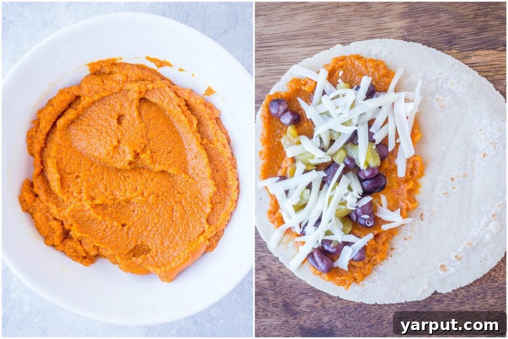Chile-Kissed Pumpkin & Black Bean Quesadillas 3 Left photo of the pumpkin puree in a bowl, right photo of the pumpkin quesadilla before its made