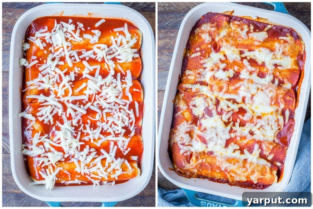 Irresistible Vegetarian Enchiladas 4 Side-by-side comparison of uncooked vegetarian enchiladas in a pan, topped with sauce and cheese, and the same pan of enchiladas after baking, golden and bubbly