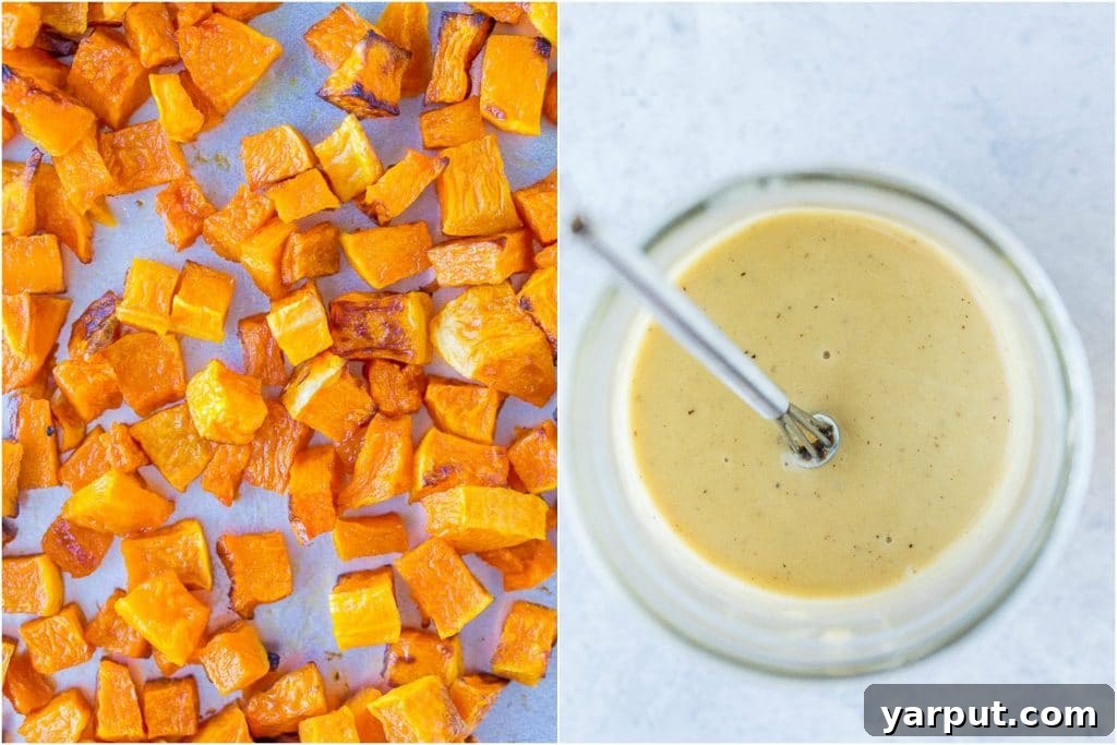 Autumn Abundance Salad 3 Ingredients for fall harvest salad: left is roasted butternut squash and right is creamy apple cider vinegar dressing.
