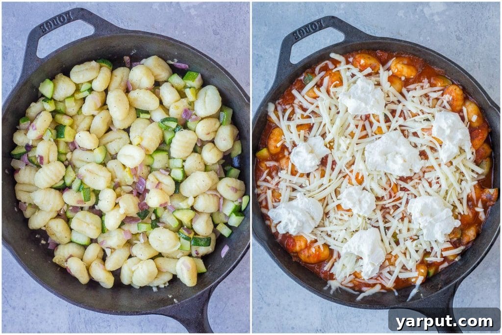 30-Minute Skillet Gnocchi Lasagna 3 Gnocchi Lasagna Bake being assembled with ingredients, showing layers of sauce, gnocchi, and cheese