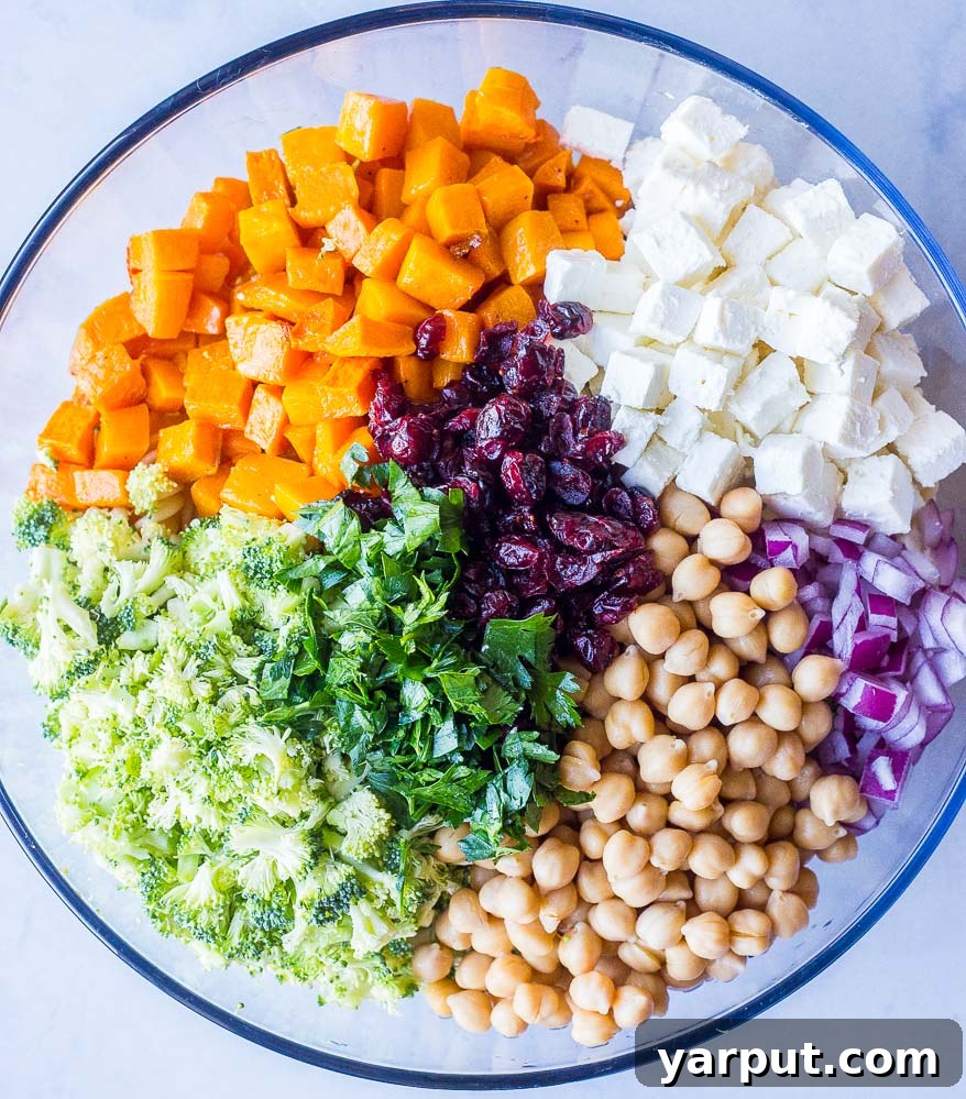 A vibrant collection of Fall Pasta Salad ingredients in a large mixing bowl, showcasing the cooked pasta, beautifully roasted butternut squash cubes, fresh green broccoli florets, chickpeas, dried cranberries, and diced red onion, awaiting the dressing.