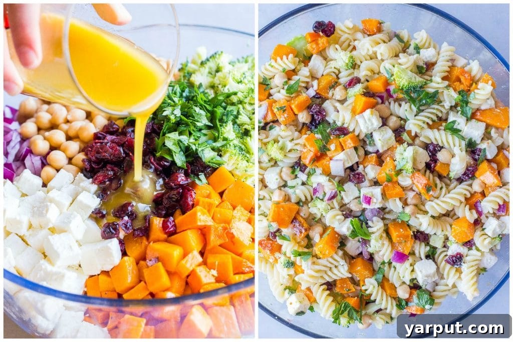 A dynamic two-panel image showing the creation of Fall Pasta Salad: the first panel captures a stream of golden apple cider vinaigrette being poured over a bowl of unmixed pasta and vibrant vegetables, while the second panel displays the fully mixed, colorful, and glistening pasta salad, ready to be enjoyed.