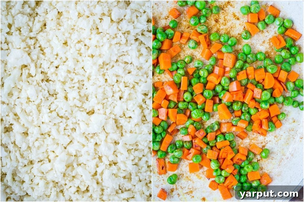 Wholesome Cauli Fried Rice 3 Side-by-side instructional photos showing the preparation steps for cauliflower fried rice, from fresh cauliflower to riced texture.