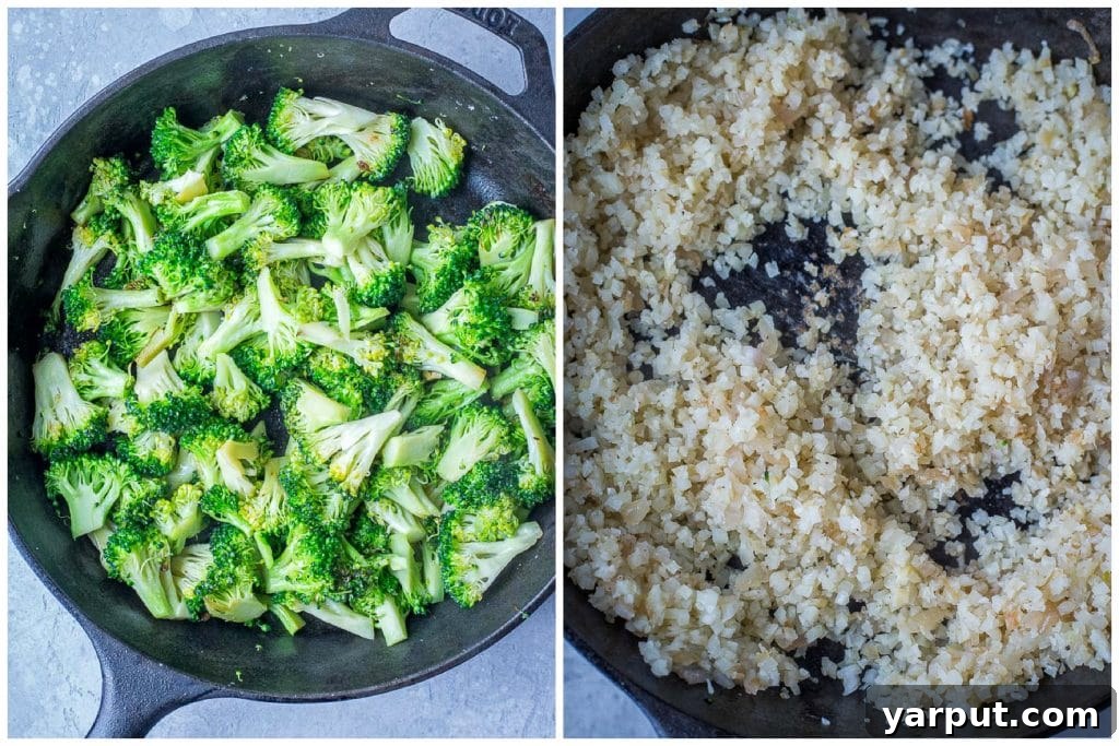Fresh broccoli florets and a bowl of prepared cauliflower rice, key ingredients for a healthy low-carb casserole.