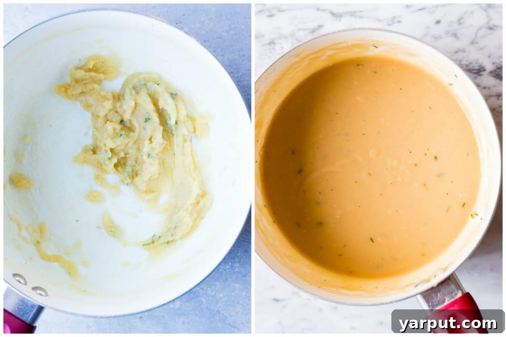 Effortless & Flavorful Vegan Gravy 3 Step-by-step imagery showing the creation of homemade vegan gravy, from whisking the roux in a pan to the finished, smooth gravy ready to serve.