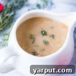 Close-up of a saucer of vegan gravy