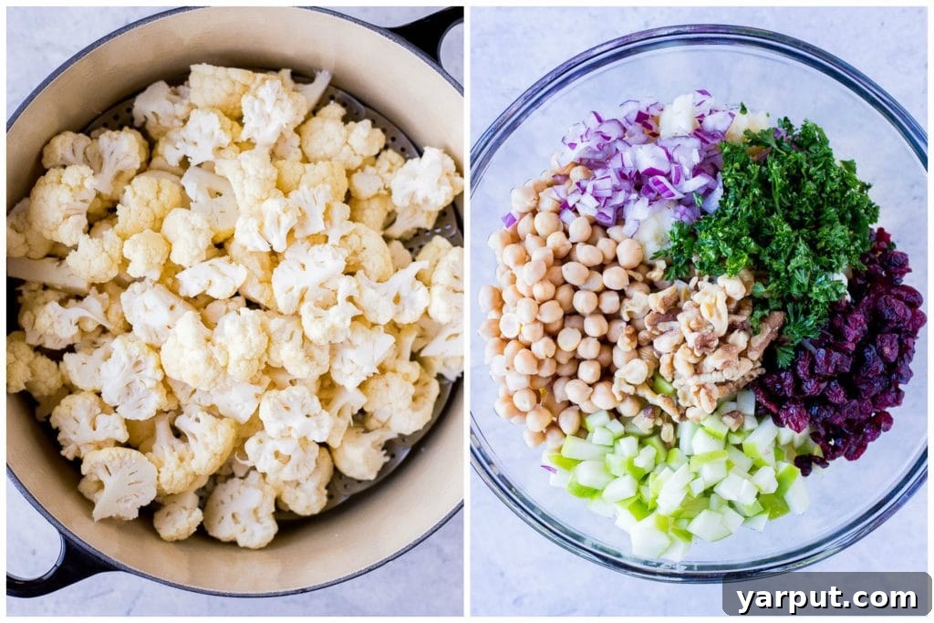 Golden Curried Cauliflower Salad 3 Step-by-step image showing how to prepare the cauliflower salad, with steamed cauliflower florets and other ingredients in bowls.