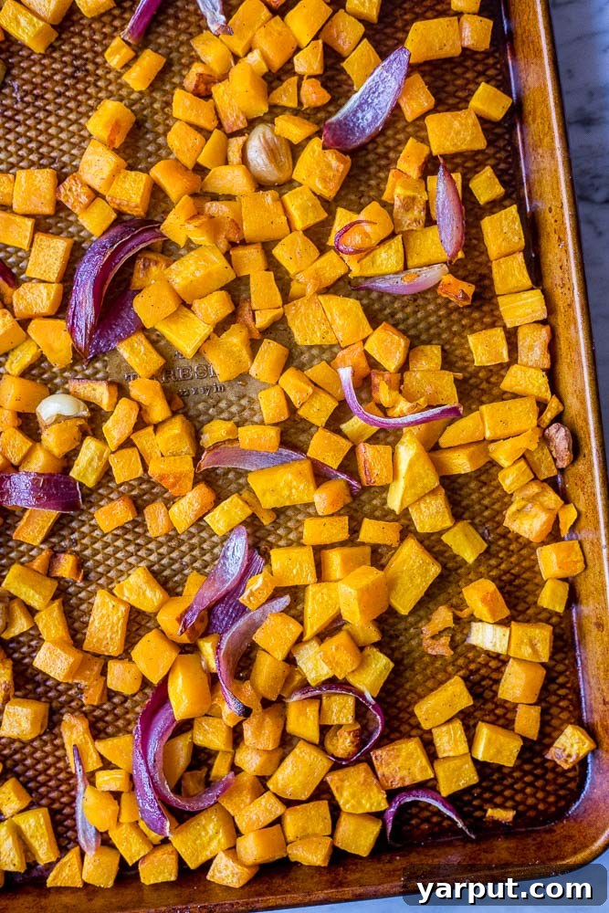 Velvety Roasted Butternut Squash Soup 3 Tray of roasted butternut squash, garlic, and onion before blending, illustrating the preparation for homemade butternut squash soup