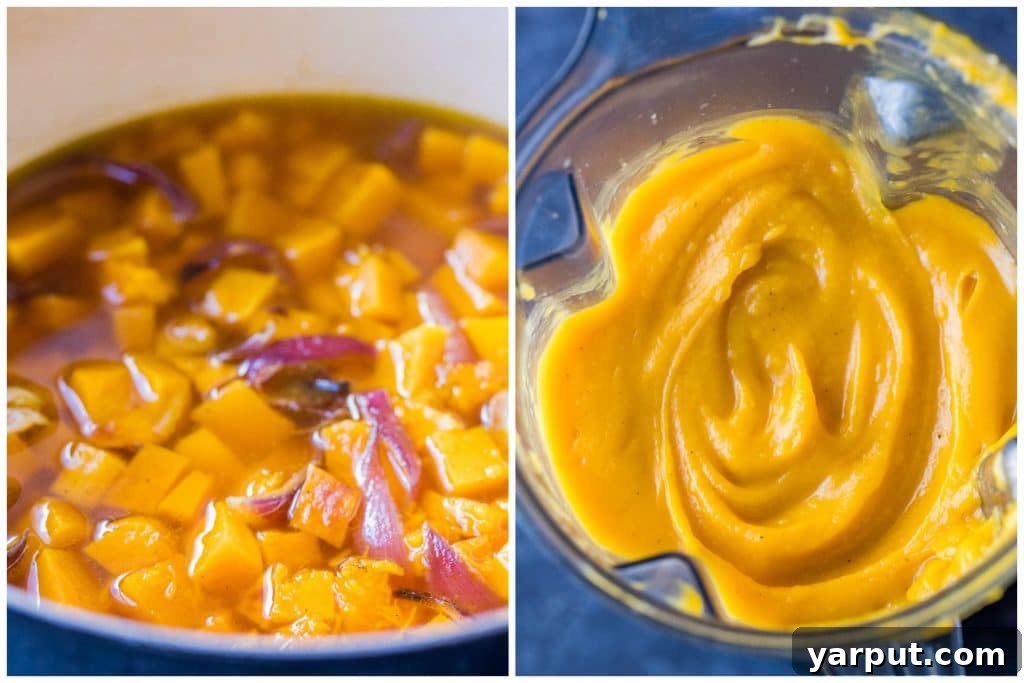 Velvety Roasted Butternut Squash Soup 4 Roasted butternut squash soup in a pot before and after blending, demonstrating the transformation from chunky to smooth