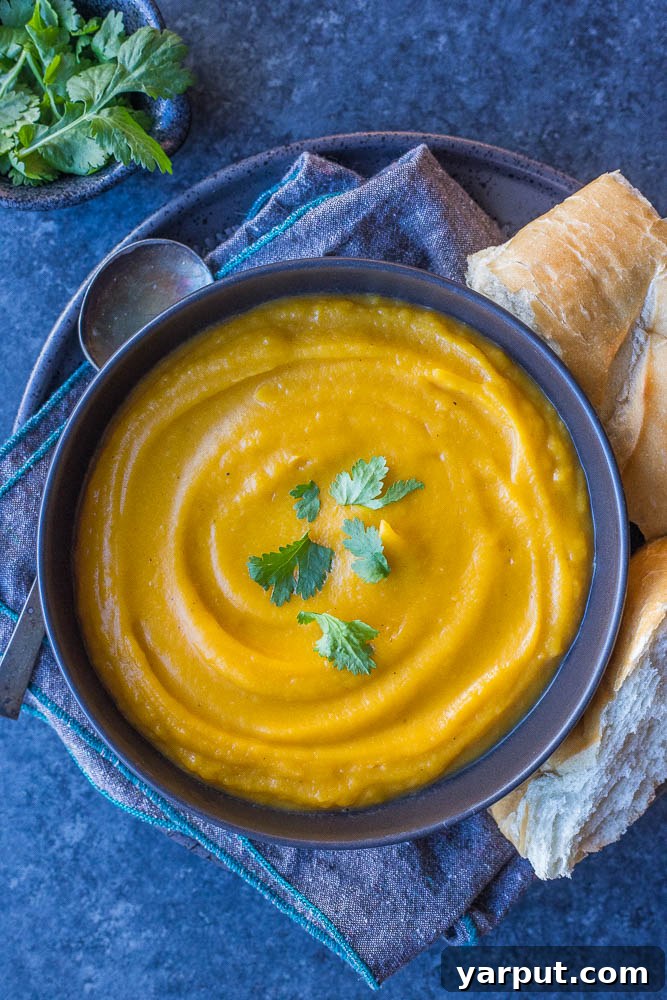 Velvety Roasted Butternut Squash Soup 6 Bowl of butternut squash soup served with a slice of bread and cilantro garnish, on a rustic plate