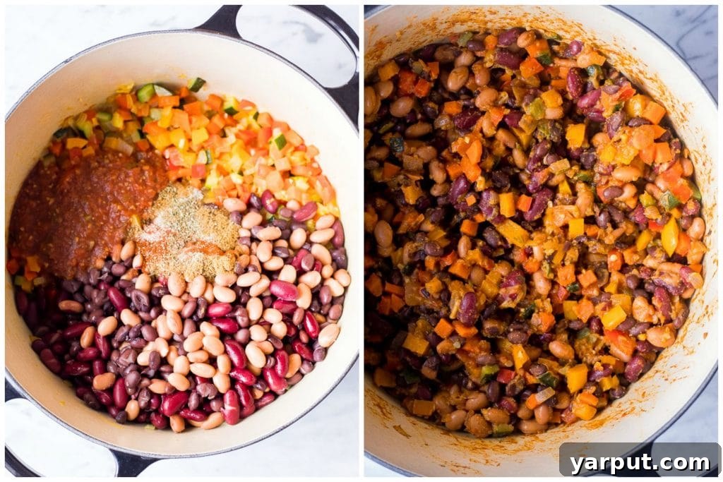 Hearty Vegetable Chili 3 A visual demonstration of chili beans being prepared, showing ingredients before and after cooking, highlighting the rich transformation.