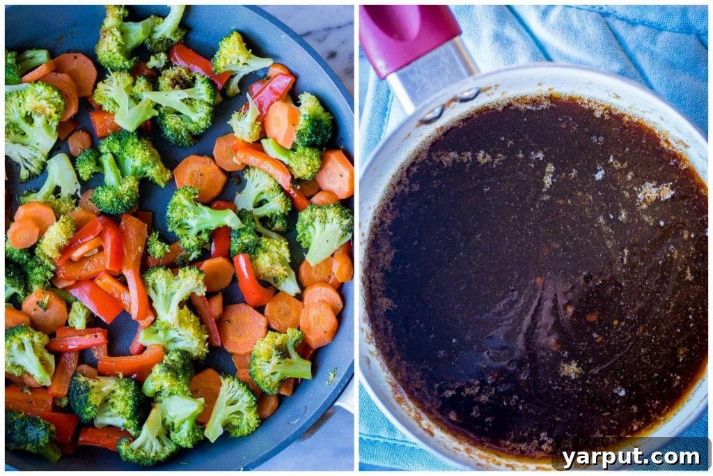Sweet and Sticky Teriyaki Tofu Bowls 4 Left photo is cooked vegetables, right photo is homemade teriyaki sauce