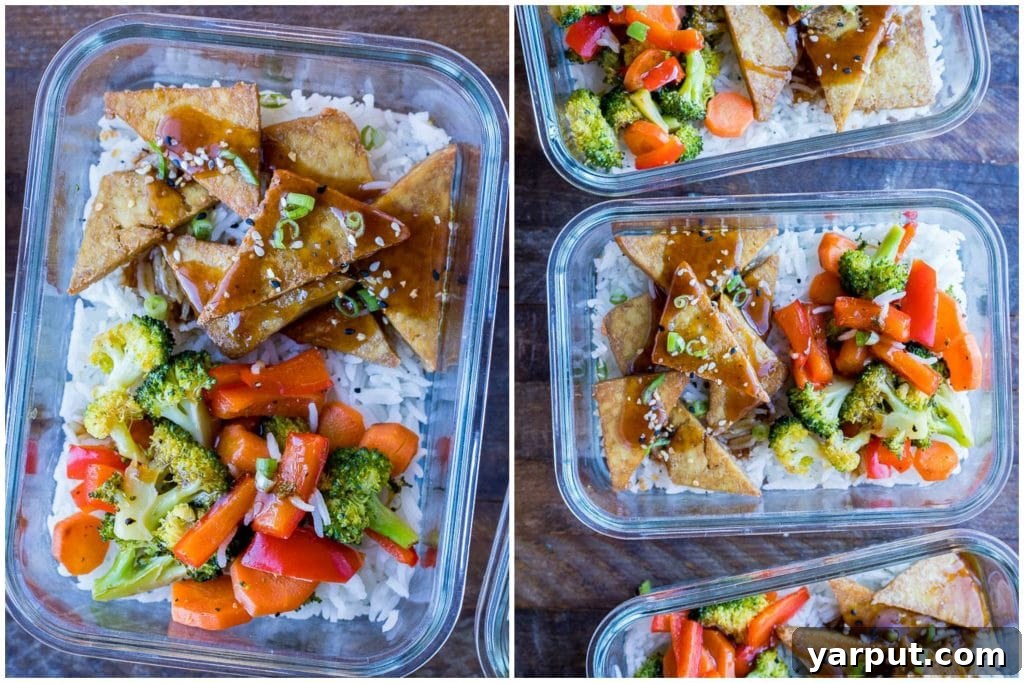 Sweet and Sticky Teriyaki Tofu Bowls 6 Teriyaki Tofu Bowls in meal prep containers