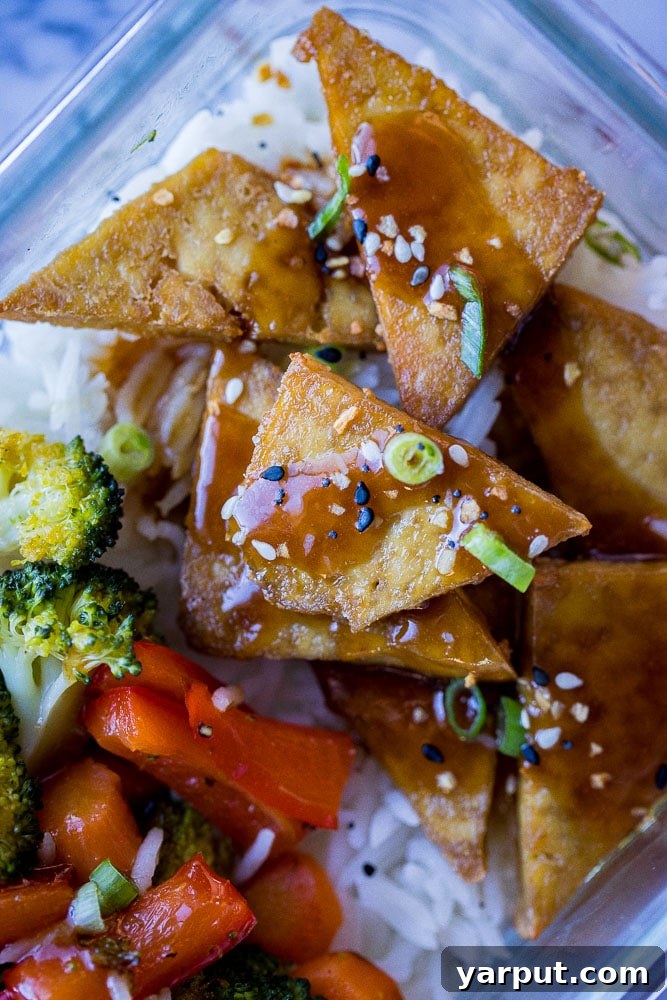 Sweet and Sticky Teriyaki Tofu Bowls 7 Close up of teriyaki tofu with homemade teriyaki sauce