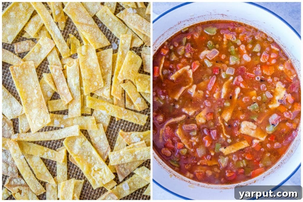 Vibrant Veggie Tortilla Soup 3 Side-by-side images showcasing golden crispy tortilla strips next to a simmering pot of homemade vegetarian tortilla soup, highlighting key components of the recipe.
