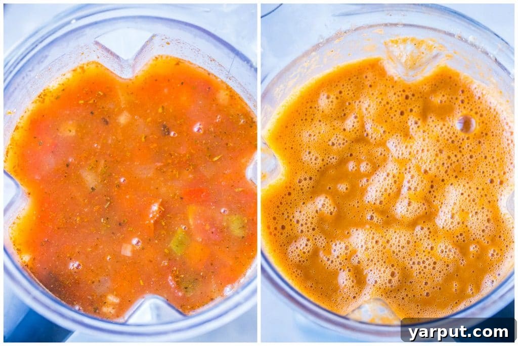Vibrant Veggie Tortilla Soup 4 A high-speed blender actively blending the vegetarian tortilla soup, showing the transformation into a creamy, smooth consistency.