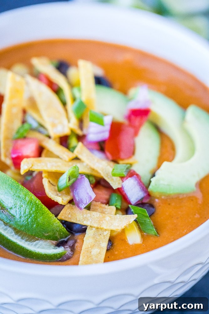 Vibrant Veggie Tortilla Soup 6 A stunning close-up of a bowl of vegan tortilla soup, showcasing its creamy texture, fresh avocado, cilantro, and crispy tortilla strip toppings, inviting you to take a spoonful.
