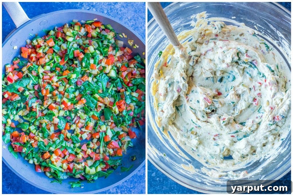 Creamy Plant-Based Stuffed Shells 4 Two images side-by-side: left shows cooked vegetables, right shows creamy vegan ricotta cheese