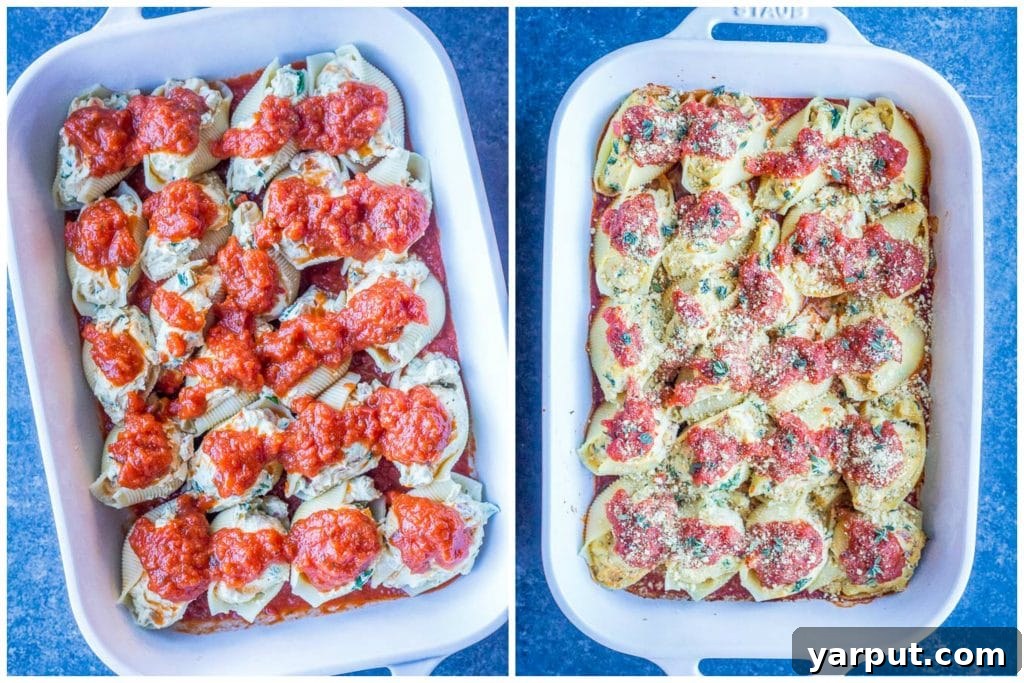 Creamy Plant-Based Stuffed Shells 5 A comparison of Vegan Stuffed Shells before and after baking in a dish