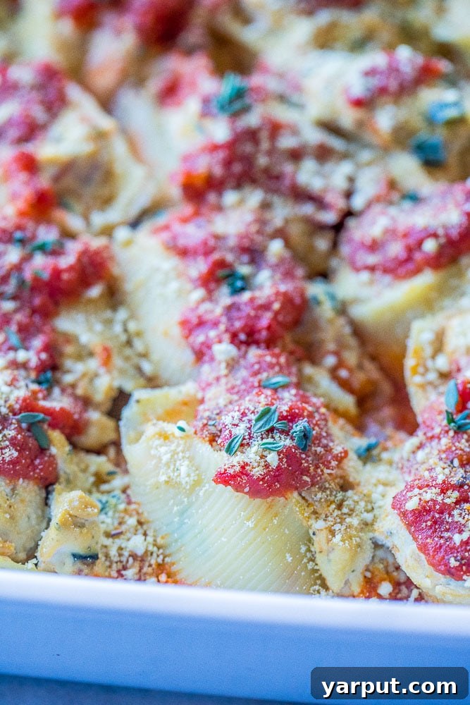 Creamy Plant-Based Stuffed Shells 7 A close-up shot of baked Vegan Stuffed Shells, ready to be served