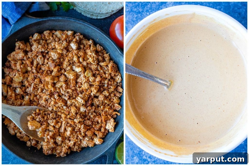 Tahini Cheesy Vegan Tacos 3 Two separate images; left shows crumbled tofu and walnut taco meat in a bowl, right shows a creamy tahini cheese sauce in a smaller bowl, both ready for assembly.