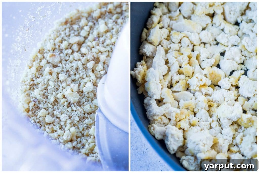 Savory Tofu Walnut Taco Crumble 3 Left image shows freshly ground walnuts, while the right image displays golden, crisped tofu crumbles in a skillet, key components for vegan taco meat.
