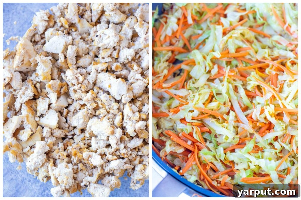 Plant-Based Egg Roll Stir-Fry Bowl 3 Left photo shows seasoned, crumbled tofu ready for cooking. Right photo displays freshly shredded cabbage and carrots, the core vegetables for the Vegetarian Egg Roll in a Bowl.