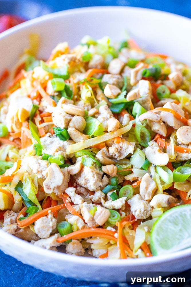 Plant-Based Egg Roll Stir-Fry Bowl 5 A close-up view of the finished Vegetarian Egg Roll in a Bowl, showcasing the colorful medley of vegetables and tofu, ready to be enjoyed.