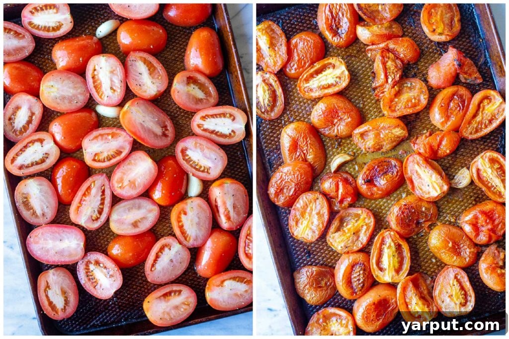 Silky Roasted Tomato Velouté 3 Before and after comparison of fresh Roma tomatoes and garlic cloves on a baking sheet, illustrating the caramelization achieved after roasting for a delicious soup base.