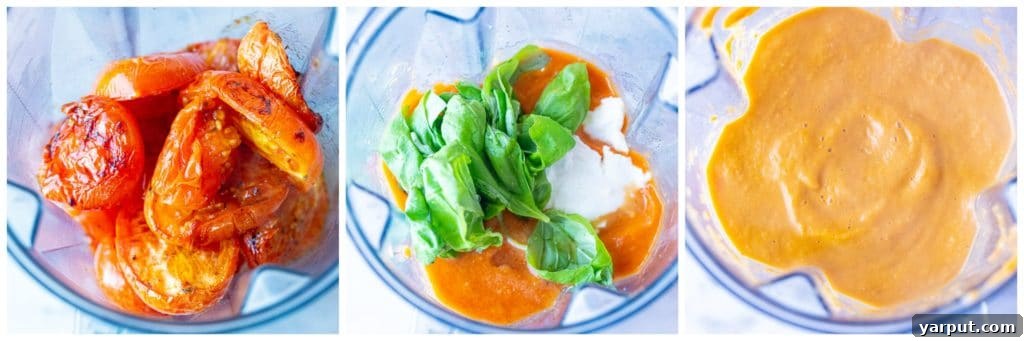 Silky Roasted Tomato Velouté 4 A three-panel image showing the steps of making creamy roasted tomato soup, from roasted ingredients to being blended smooth in a blender.