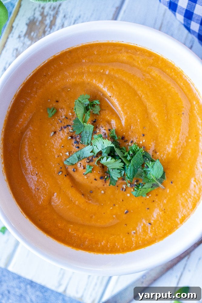 Silky Roasted Tomato Velouté 5 Close-up of a bowl of rich, creamy roasted tomato soup, garnished with delicate fresh herb sprigs, emphasizing its luxurious texture and inviting warmth.
