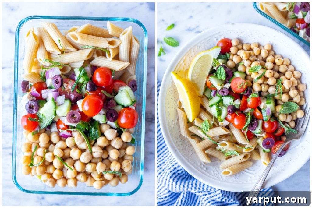 Ready-for-the-Week Mediterranean Pasta Salad 4 Side by side photos showing Mediterranean Pasta Salad as a meal prep bowl or as a dinner
