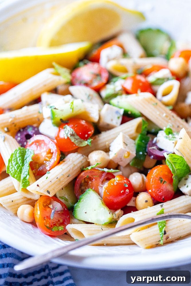 Ready-for-the-Week Mediterranean Pasta Salad 6 Close up of Mediterranean Pasta Salad in a bowl
