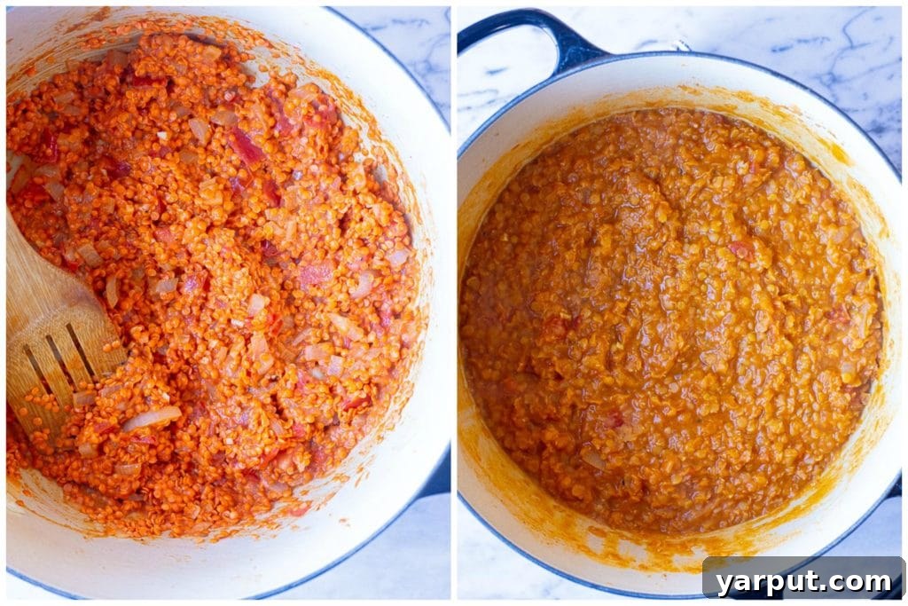 Simple Red Lentil Delight 3 Two photos demonstrating the simple steps to make easy red lentil curry in a single pot