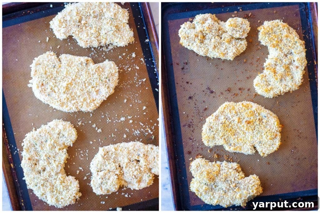 Golden Parmesan Cauliflower 3 A step-by-step visual showing cauliflower steaks coated in breading before baking and after they've been baked golden brown with marinara and cheese.