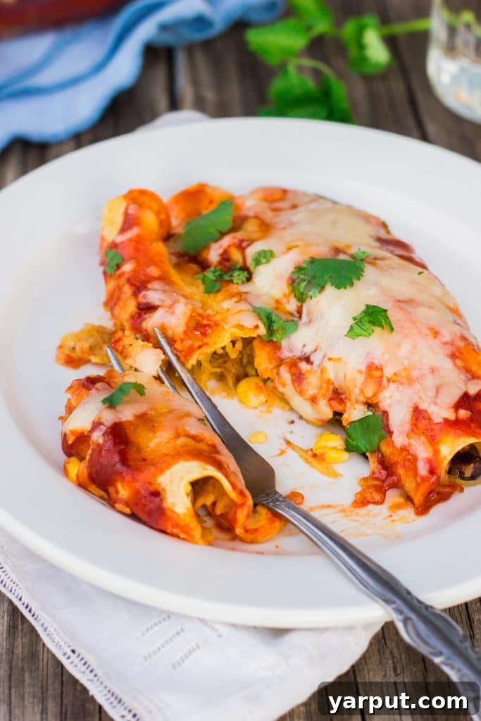 Spaghetti Squash Noodle Black Bean Enchiladas 2 close up of spaghetti squash and black bean enchiladas on a plate with a fork
