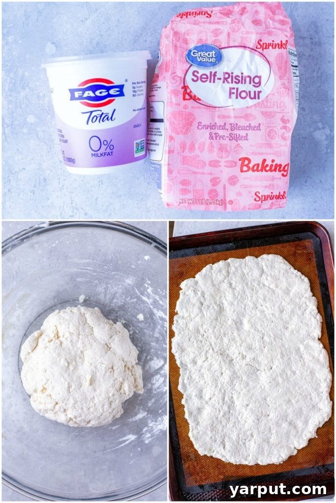 Effortless Garlic Cheese Bread 3 Ingredients being mixed to make garlic cheese bread dough on a counter