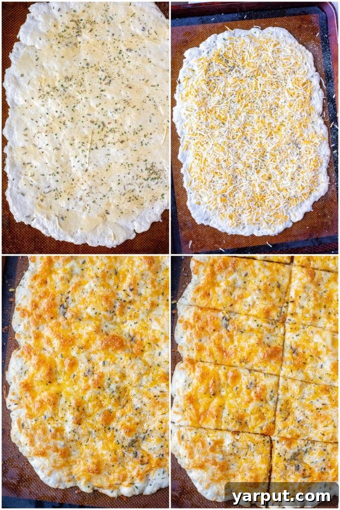 Effortless Garlic Cheese Bread 4 Before and after cooking images of garlic cheese bread on a baking sheet