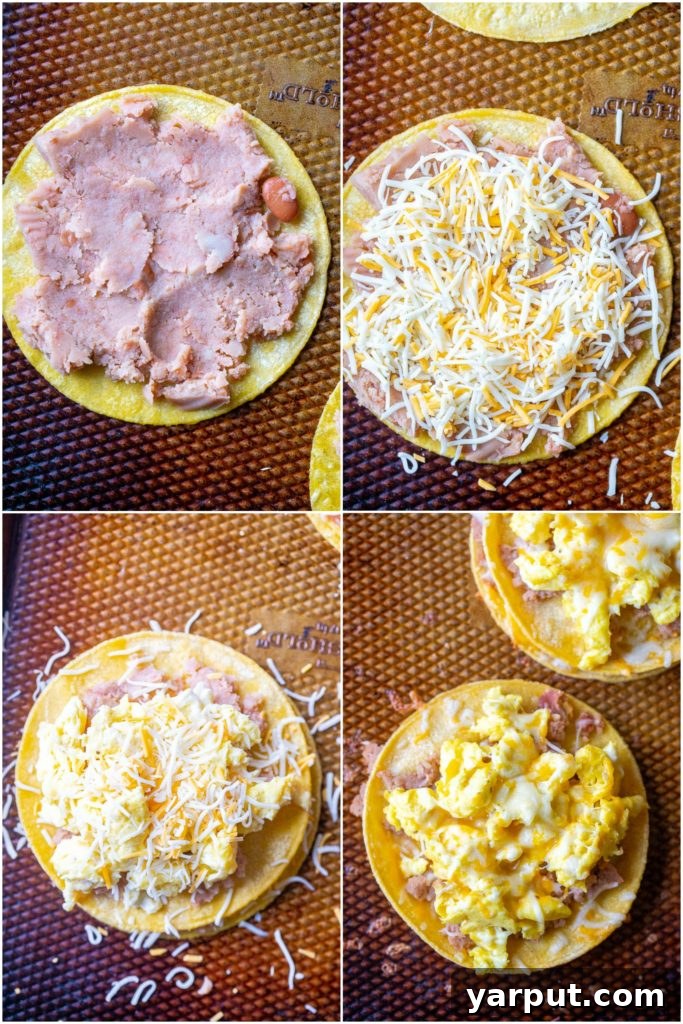Sunrise Ranchero Stack 3 A visual guide showing four simple steps to assemble Stacked Huevos Rancheros on a wooden board.