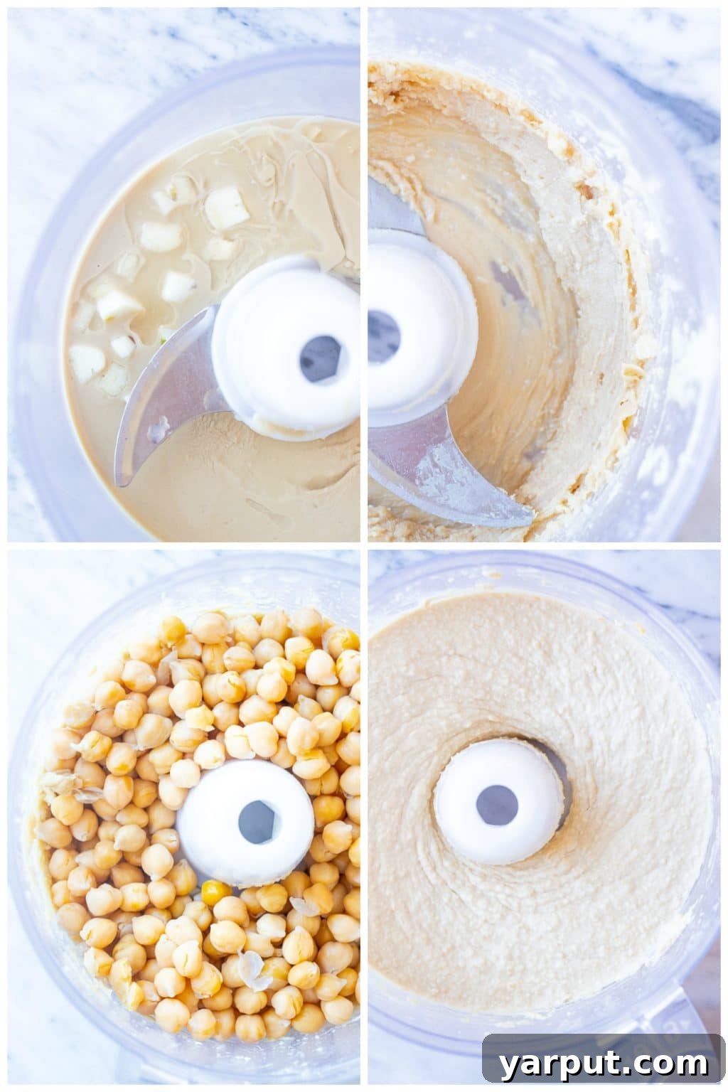 The Secret to Perfectly Creamy Hummus 3 A dynamic sequence of photos illustrating the process of making creamy hummus in a food processor. The first image shows drained chickpeas, the second shows tahini, garlic, and lemon juice blending into a paste, and the third captures the final, smooth hummus being processed.