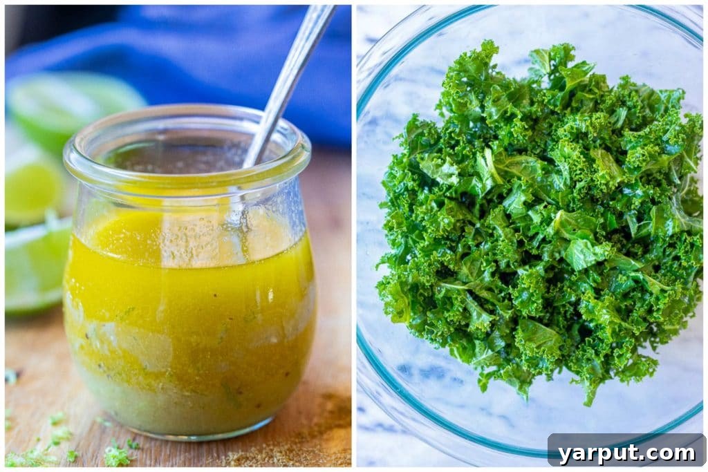 Vibrant Mexican Kale Salad with Cumin-Lime Vinaigrette 3 A small glass jar filled with golden Cumin Lime Dressing sits next to a bowl of fresh, dark green kale leaves. The contrast highlights the two main components of the salad recipe, emphasizing freshness and flavor.