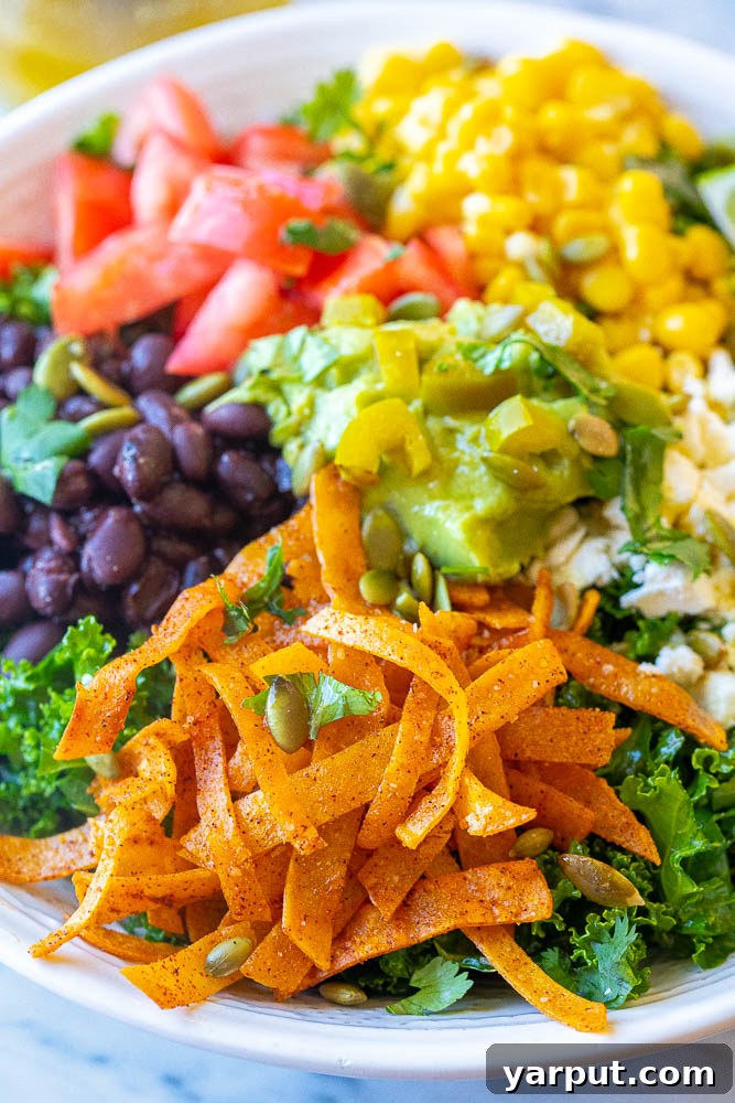Vibrant Mexican Kale Salad with Cumin-Lime Vinaigrette 4 A close-up view of the Mexican Kale Salad, highlighting the rich textures and colors of the toppings, including black beans, corn, tomatoes, avocado, cheese, and crunchy tortilla strips, all nestled on a bed of perfectly massaged kale, showcasing its appetizing appeal.
