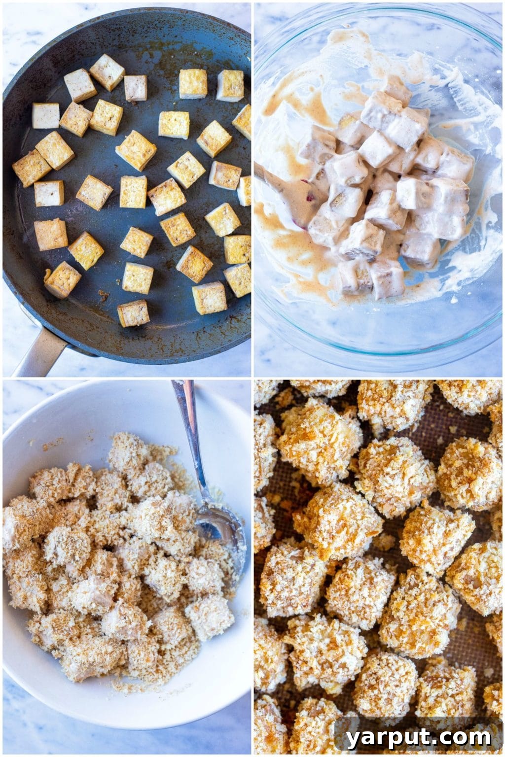 Crispy Tofu Poppers 3 A visual step-by-step guide illustrating the four key stages of preparing crispy tofu nuggets, from pressing the tofu to coating it in breadcrumbs before baking.