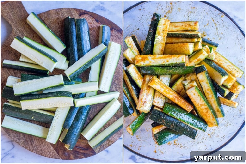 Perfectly Roasted Zucchini 3 A visual guide demonstrating the simple steps to prepare fresh zucchini for roasting, including slicing and seasoning.