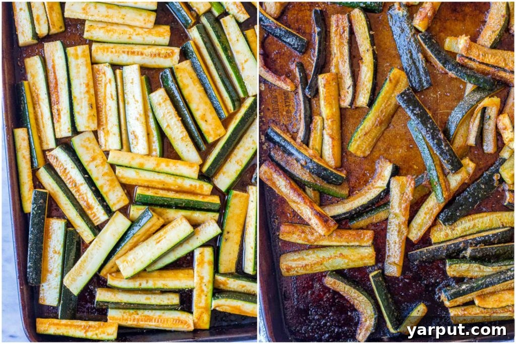 Perfectly Roasted Zucchini 4 A close-up of zucchini slices on a sheet pan, seasoned and ready for roasting, showcasing the preparation process for this simple yet delicious recipe.