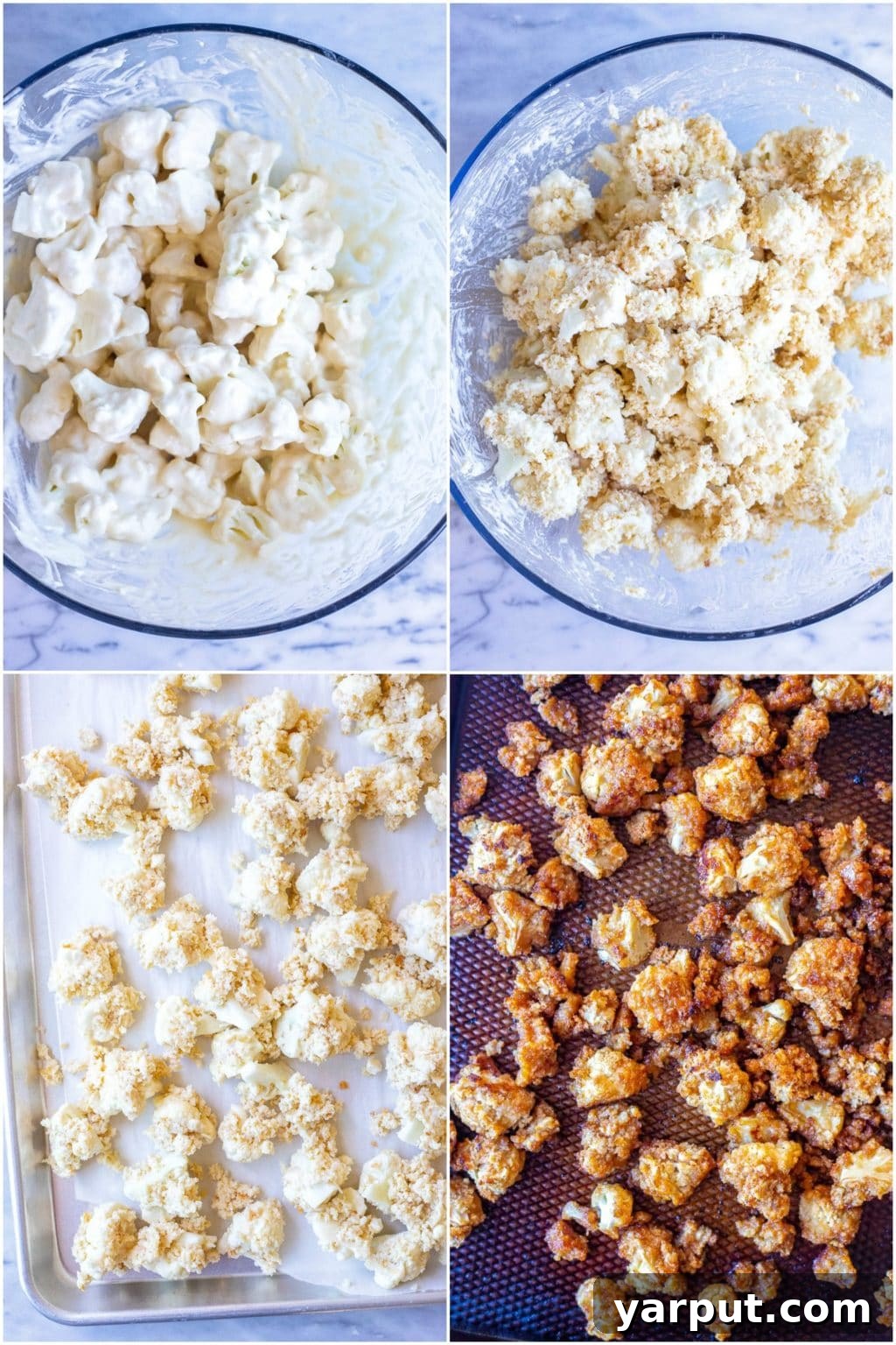 Lemon-Glazed Roasted Cauliflower 3 A collage of step-by-step photographs illustrating the process of preparing Sticky Lemon Cauliflower, from battering the florets to baking them on a sheet pan.