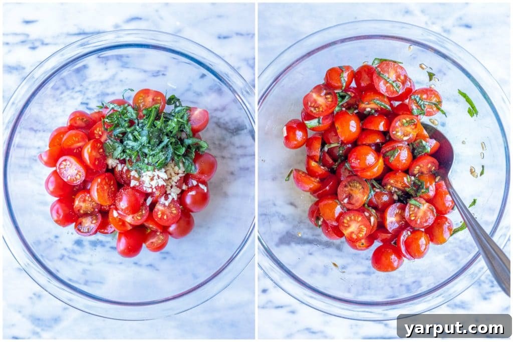 Vibrant Bruschetta Pasta Salad with Parmesan 3 Step-by-step photos illustrating how to prepare the bruschetta topping for the pasta salad recipe